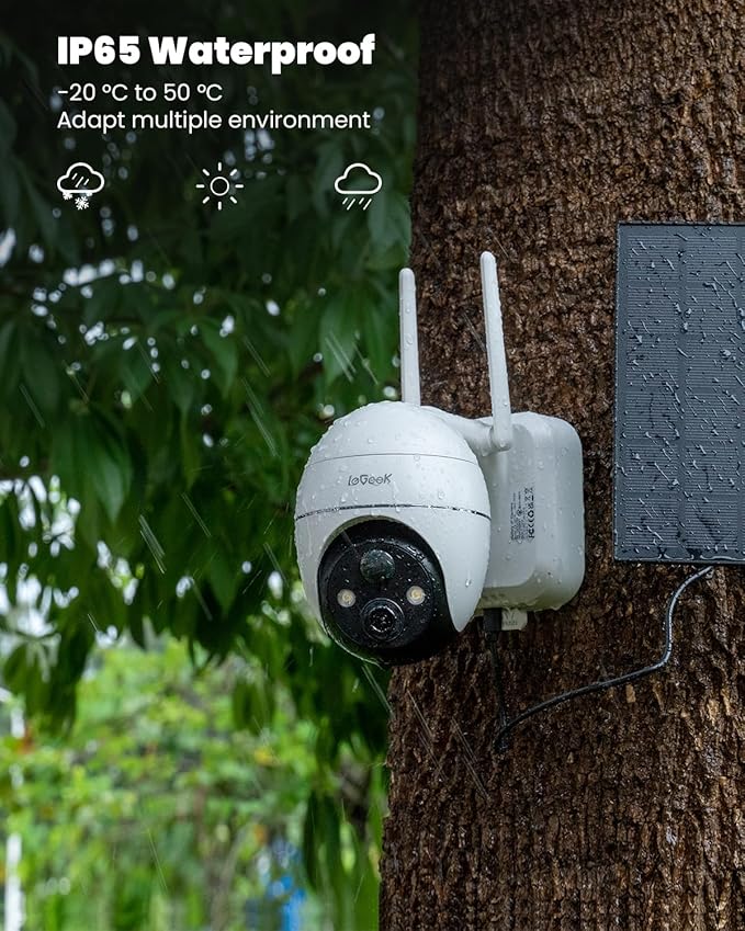 ieGeek Security Cameras Wireless Outdoor, 2K WiFi Home Security System 360° PTZ Camera 2 Pack, Solar/Battery Powered Cam with Spotlight/Siren/AI/Motion Sensor/3MP Color Night Vision, Works with Alexa