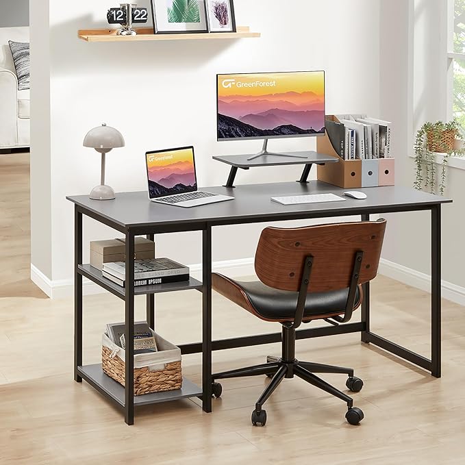 GreenForest Computer Home Office Desk with Monitor Stand and Reversible Storage Shelves,55 inch Modern Simple Writing Study PC Work Table,Grey