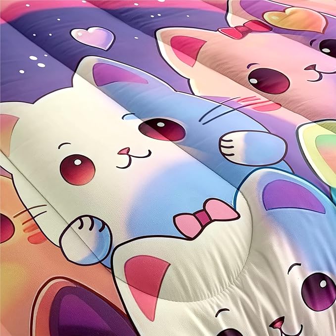 Rainbow Cat Comforter Full Size - Rainbow Cat Bedding for Girls Room Cute Cartoon Rainbow Bedding Full Comforter Sets for Kids, 1 Comforter+2 Pillowcases