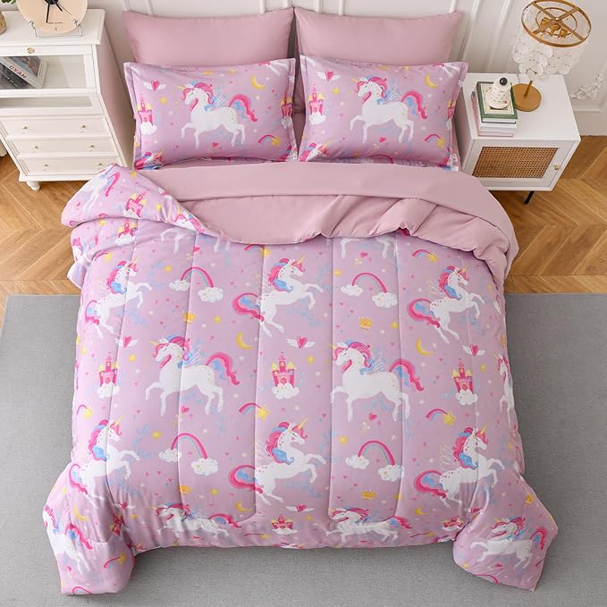 Queen Comforter Set for Girls, 7 Pieces Bed in a Bag with Shams, Sheet Set, Pink Unicorn Double Soft Microfiber Kids Comforter Bedding Set