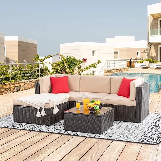 ClawsCover 9Pack Outdoor Seat and Back Cushions Replacement Covers Fit for 5 Pieces 4-Seater Wicker Rattan Furniture Patio Conversation Set Sectional Couch,Light Khaki-Include Cover Only (Large)