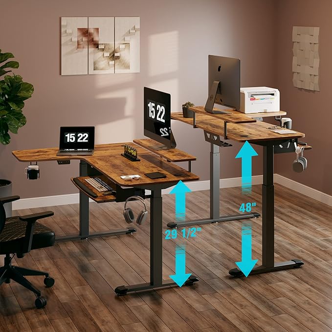 EUREKA ERGONOMIC Standing Desk with Keyboard Tray, Computer Desk, 61" L Shaped Electric Adjustable Height Desk w Monitor Stand LED, Corner Sit Stand Desk Gaming Desk, Dual Motor,Left/Rustic Brown