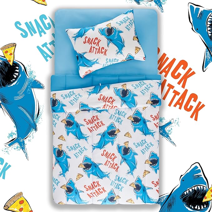 SLEEP ZONE Jersey Knit 2-Piece Twin Size Comforter Set, Blue Shark Design for Boys, Skin-Friendly and Breathable, Super Soft, Durable, Comfortable Kids Bedding Set(Sharks, Twin)
