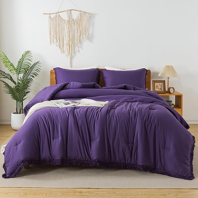 Andency Purple Comforter Set Full, 3 Pieces Boho Tassel Lightweight Bedding Comforter Sets, All Season Soft Fluffy Fringe Bed Set (79x90In Comforter & 2 Pillowcases)