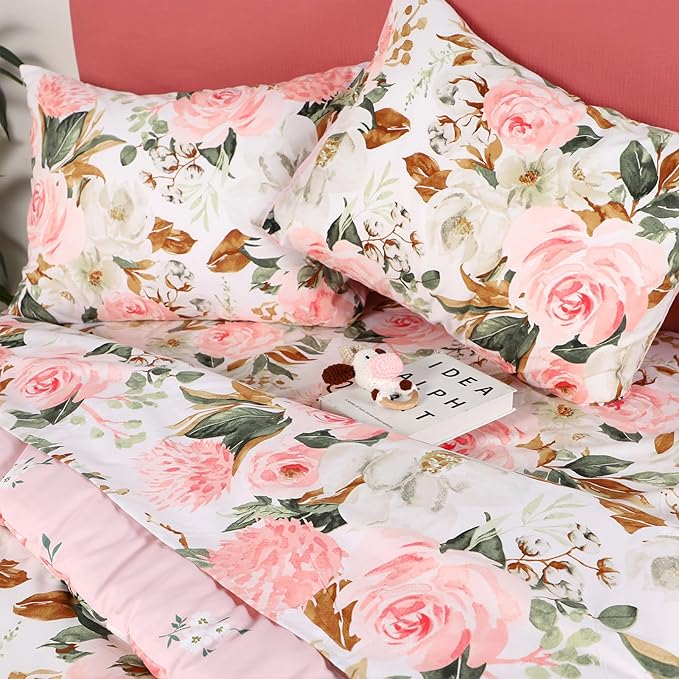 DILIMI Twin Comforter Set for Girls, Reversible Pink Floral Comforter Twin Size Bed, 5 Pieces Ultra Soft Twin Bedding Sets with Comforter, Flat Sheet, Fitted Sheet, 2 Pillowcase