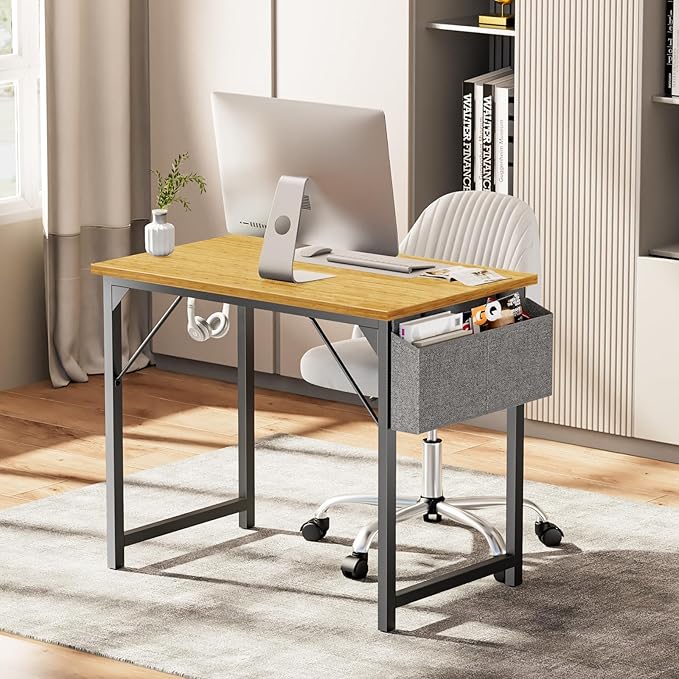 Sweetcrispy Small Computer Office Desk 32 Inch Kids Student Study Writing Work with Storage Bag & Headphone Hooks Modern Simple Home Bedroom PC Table