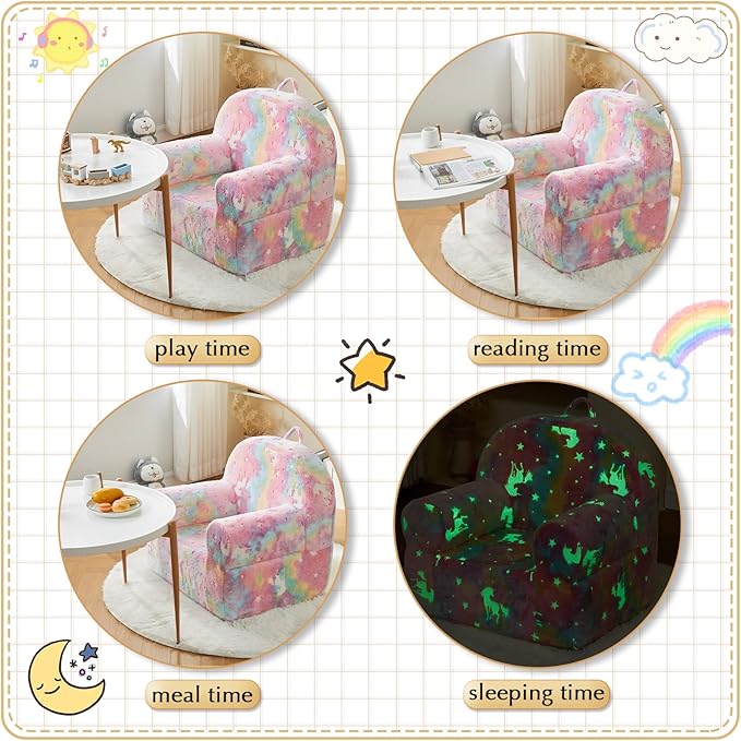 Toddler Chair Kids Plush Chair Sherpa Kids Chairs, Toddler Couch Bean Bag Chairs for Kids Gaming Chair for Kids Glow in The Dark, Rainbow Pink
