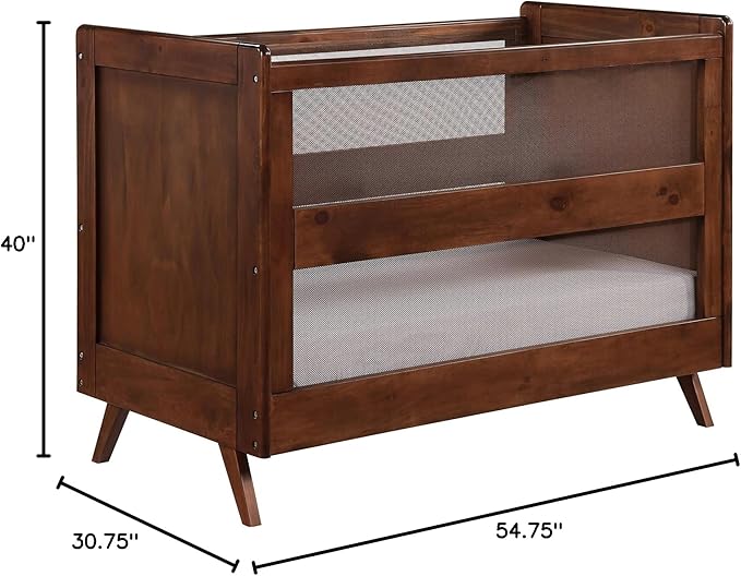 BreathableBaby Breathable Mesh 3-in-1 Convertible Crib (Toddler Bed Kit Sold Separately) — Walnut — Two Adjustable Mattress Heights — Greenguard Gold Certified