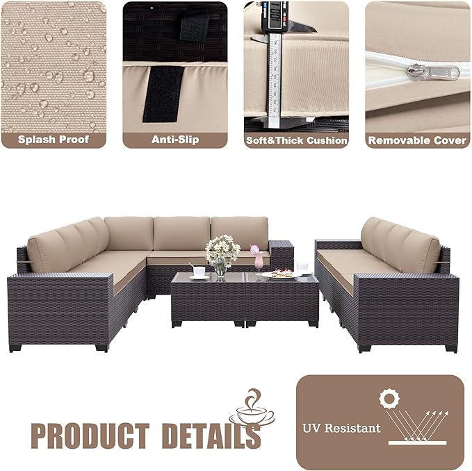 Patio Furniture Set Sofa 12-Pieces Wicker Sectional Sofa Set, Outdoor Furniture Rattan Patio Conversation Set with Thickened Cushions and Glass Coffee Table, Sand