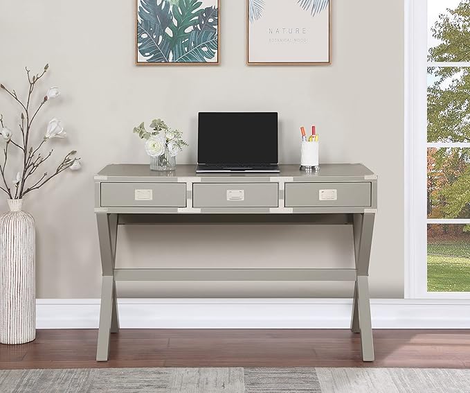 OSP Home Furnishings Wellington 46-Inch Writing Desk with Power Hub and 3 Storage Drawers, Grey