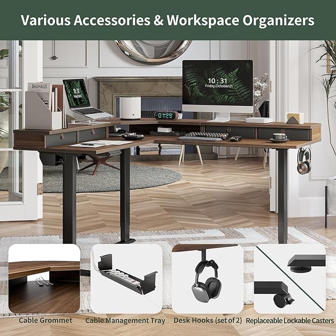 FEZIBO 63" L Shaped Standing Desk with 4 Drawers, Electric Standing Gaming Desk Adjustable Height, Corner Stand up Desk with Splice Board, Black Frame/Black Walnut Top