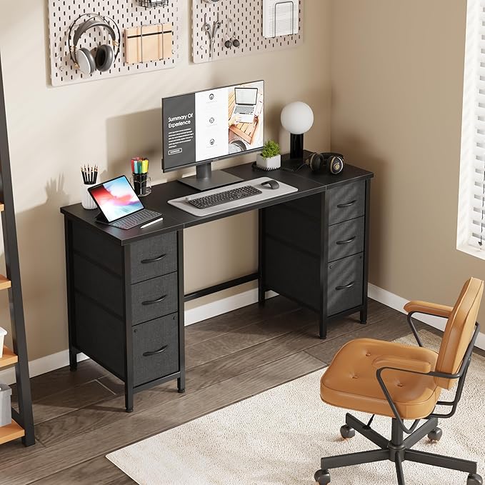 55'' Office Desk with 6 Fabric File Drawers - File Drawer Organization, Computer Work Desk, Study Writing Table, Home Office Workstation, Black.