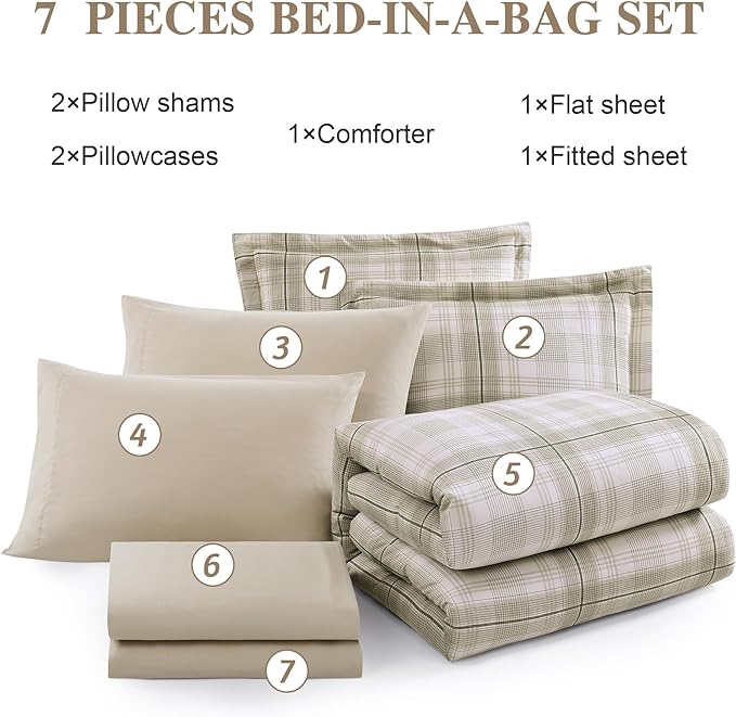 Beige King Size Comforter, Khaki Green Plaid King Comforter Set or Boys & Girls,Classic Homestead-style King Bedding Sets with King Size Bed Sheets and Comforter Sets