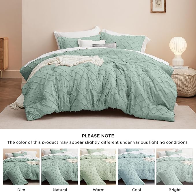 Bedsure Full Size Comforter Set - Sage Green Comforter, Boho Tufted Shabby Chic Bedding Comforter Set, 3 Pieces Farmhouse Bed Set for All Seasons, Fluffy Soft Bedding Set with 2 Pillow Shams