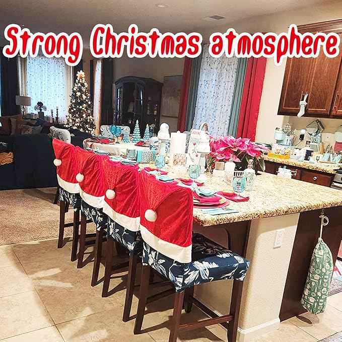 Christmas Chair Covers Set of 4,Red and White Santa Claus Hat Chair Back Covers for Xmas Holiday Festival Indoor Kitchen Bar Counter Stools Decorations Dining Room Table Decor