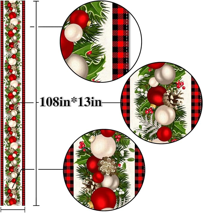 Nepnuser Black and Red Buffalo Check Plaid Christmas Table Runner 108 Inches Long Seasonal Winter Xmas Party Decoration Holiday Home Kitchen Dining Room Decor