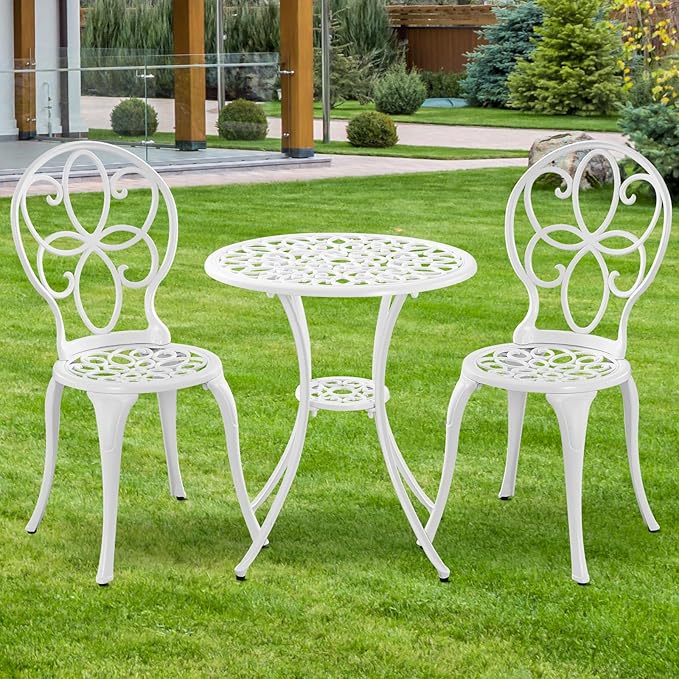Patio Bistro Sets, Cast Aluminum Bistro Table and Chairs Set of 2 with Umbrella Hole, Bistro Set 3 Piece Outdoor, Metal Patio Furniture Set for Garden Porch, White