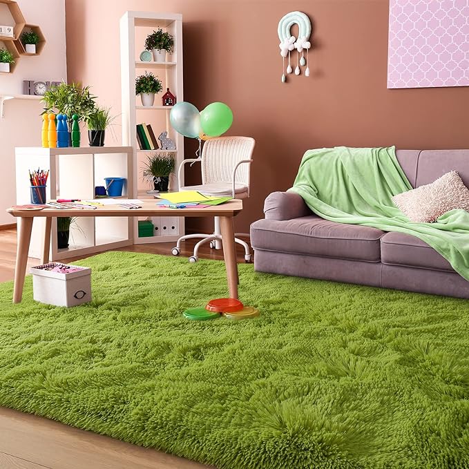 Super Soft Fluffy Shaggy Rugs for Living Room Bedroom, Fuzzy Plush Area Rugs for Girls Kids Room Nursery Home Decor, Furry Dorm Rug Cute Non-Slip Indoor Floor Carpet 5x8 Feet, Green