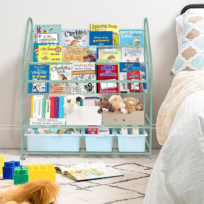 aboxoo Metal Kids Bookshelf Green Freestanding for Children Room 32 in Toy Organizer Book Unit Storage Large Green Stable Bookcase Bookstore Living Room Bed Room Library