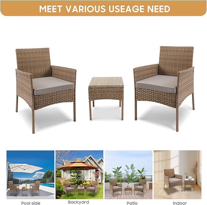 YIYAN 3 Pieces Patio Bistro Set Outdoor Wicker Furniture Outdoor Porch PE Rattan Wicker Chairs Furniture Sets with Sofa Chairs,Glass Coffee Table and Gray Washable Cushion