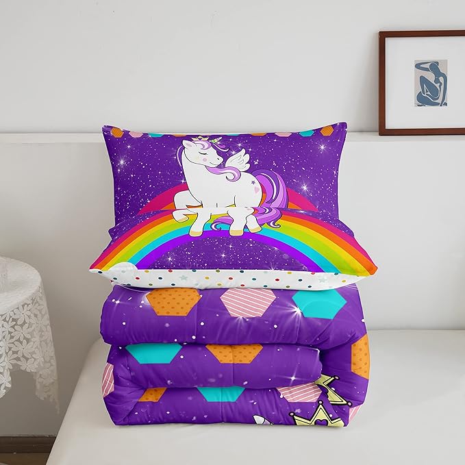 Girls Unicorn Bedding Set King Cute Rainbow Comforter Set For Kids Purple Cartoon Unicorn Glitter Stars Down Comforter Kawaii Galaxy Fantasy Geometric Bedroom Decor Lightweight Quilted Duvet
