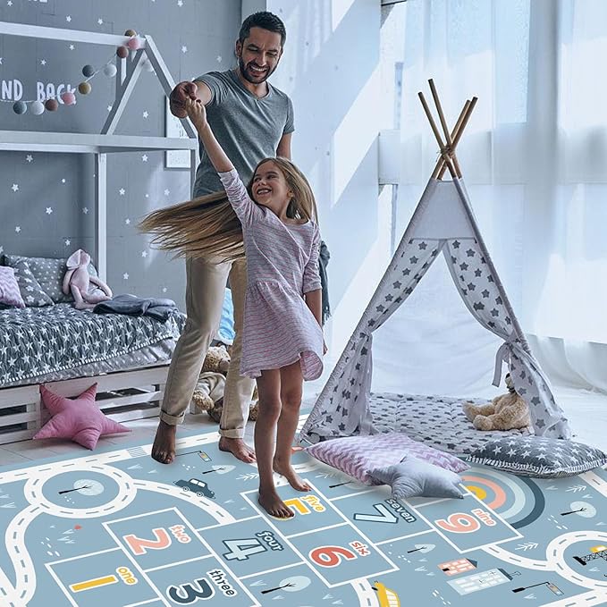 Kids Rug Play Mat, Car Rug, Hopscotch Rug, Hopscotch Mat for Kids, Can Be Used to Play with Cars Kids Carpet Play Mat,(Blue,160×230cm/63×91IN)