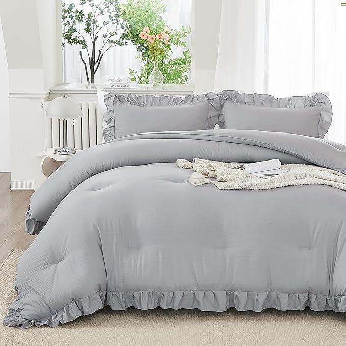 Andency Silver Gray Comforter Set California King Size, 3 Pieces Vintage Shabby Ruffle Bedding Comforter Sets for Cal King Bed, Lightweight Fluffy Soft Microfiber Farmhouse Comforter Set