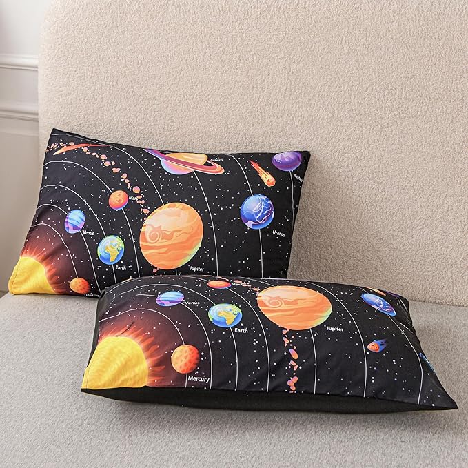 6 Pcs Solar System Comforter Set Twin Outer Space Bedding Set Universe Planets Theme Comforter for Boys Kids Ultra-Soft (1 Comforter, 2 Pillowcases, 1 Flat Sheet, 1 Fitted Sheet,1 Pillowcover)