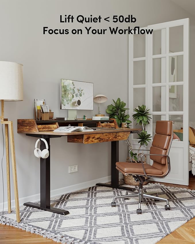 BANTI Height Adjustable Electric Standing Desk with Three Drawers, 48 x 25 Inch Table with Storage Shelf, Sit Stand Desk with Storage Space, Splice Board with Black Frame/Rustic Brown Top