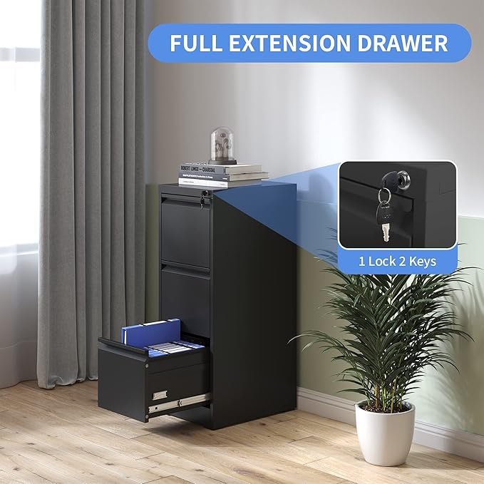 Vertical File Cabinet with Drawers, 3 Drawer File Cabinet for Home Office, Locking File Cabinet Hanging Files for A4/ Legal/Letter, Black