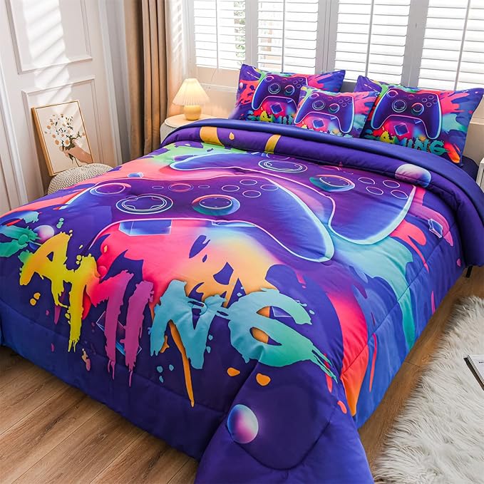 Aimuan Gaming Comforter Sets for Boys Kids Bedding Sets Video Games Console Action Buttons Novelty Colorful Game Gamepad Controller Modern Gamer Room Decor Home Quilt Set (Twin 6 Pcs,Purple)