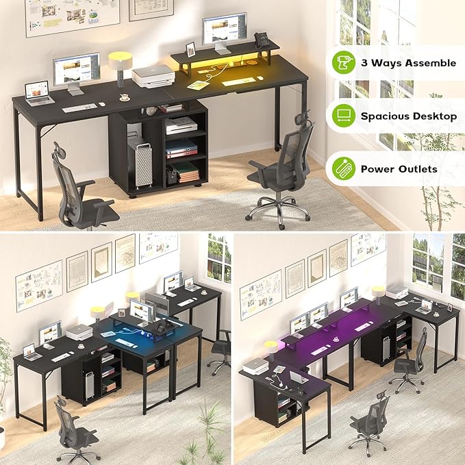 Cyclysio L Shaped Computer Desk, 58'' Reversible Gaming Desk with LED Strip & Adjustable Monitor Stand, Office Desk with Black Cabinet & Outlets, Corner Desk 2 Person Writing Study Table, Black
