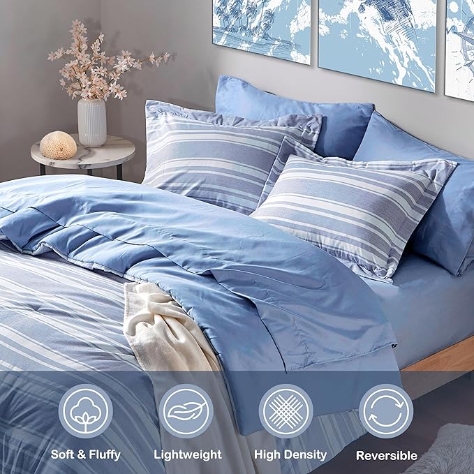 Queen Size Comforter Sets with Sheets, Modern Blue and White Striped Bed in a Bag, 7-Piece Complete Bedding Set Including Reversible Comforter, 2 Sheets, Pillowcases & Shams