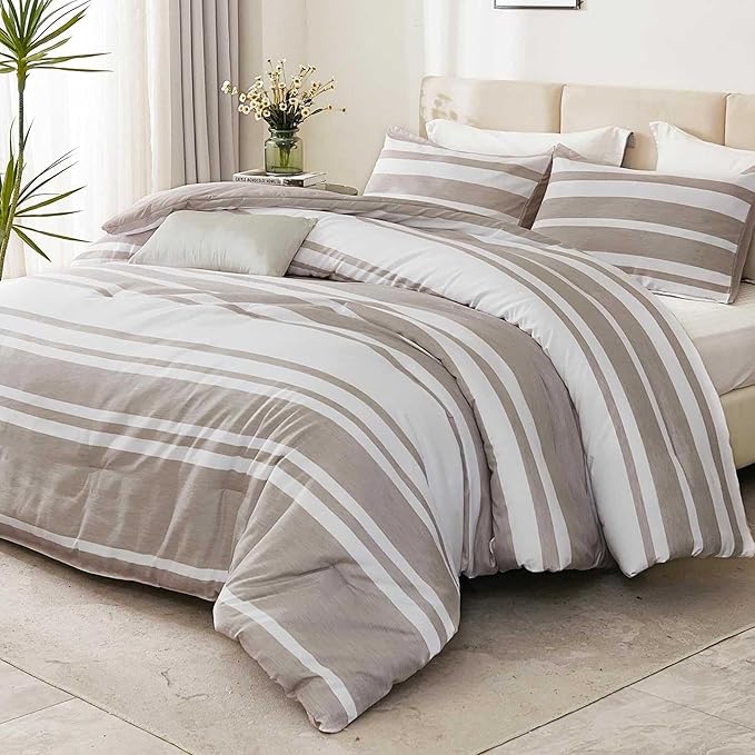 Bedsure Bed in a Bag Queen Size 7 Pieces, Light Camel White Striped Bedding Comforter Sets All Season Bed Set Khaki, 2 Pillow Shams, Flat Sheet, Fitted Sheet and 2 Pillowcases