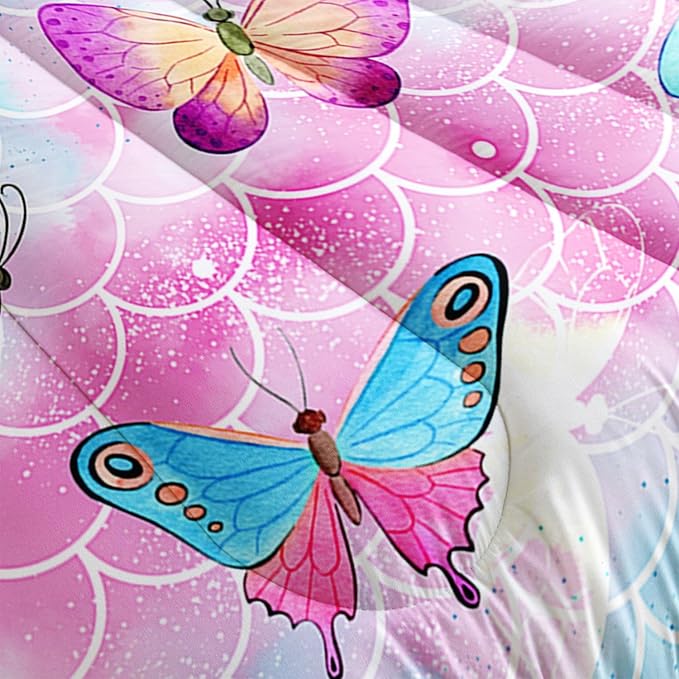 Datura home Kids Comforter Set Mermaid Scale Butterfly Printed Pattern Bedding Set with 1 Comforter and 2 Pillowcases for Girls Boys Bedroom All Season(Mermaid Twin)