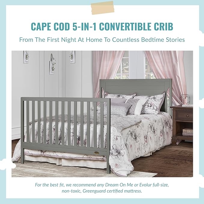 Cape Cod 5-in-1 Convertible Crib in Storm Grey, Greenguard Gold Certified, 55x30x44.5 Inch (Pack of 1)