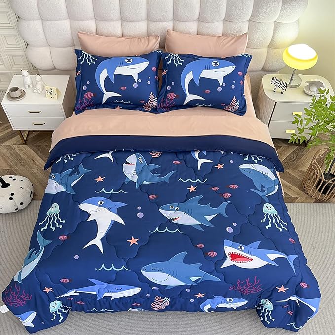 Boys Sharks Comforter Set Twin Size 7 Piece Cute Ocean Animal Jellyfish 3D Printed Bedding Set Bed in A Bag for Kids Girls Teens Lightweight Soft Bed Set All Seasons Navy Blue