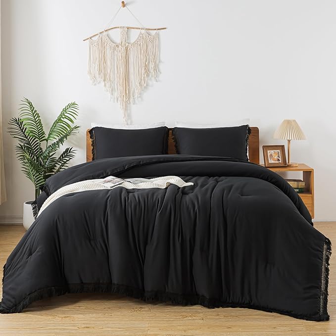 Andency Black Comforter Set Queen, 3 Pieces Boho Tassel Lightweight Bedding Comforter Sets, All Season Soft Fluffy Fringe Bed Set (90x90In Comforter & 2 Pillowcases)
