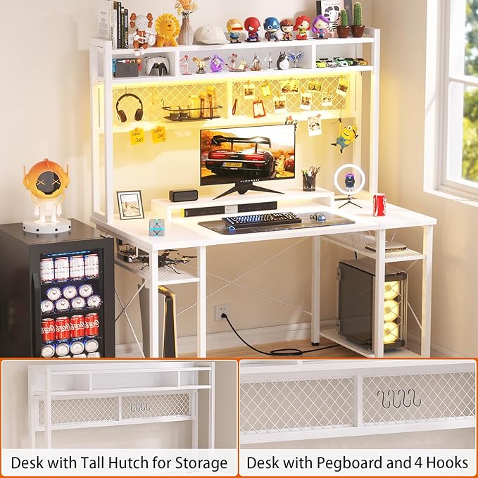 armocity 2024 Upgrade Gaming Desk with Hutch, 48'' Magic Computer Desk with LED Lights and Outlets, Reversible Workstation Desk with Pegboard and Monitor Stand, 48 Gamer Desk PC Table, White