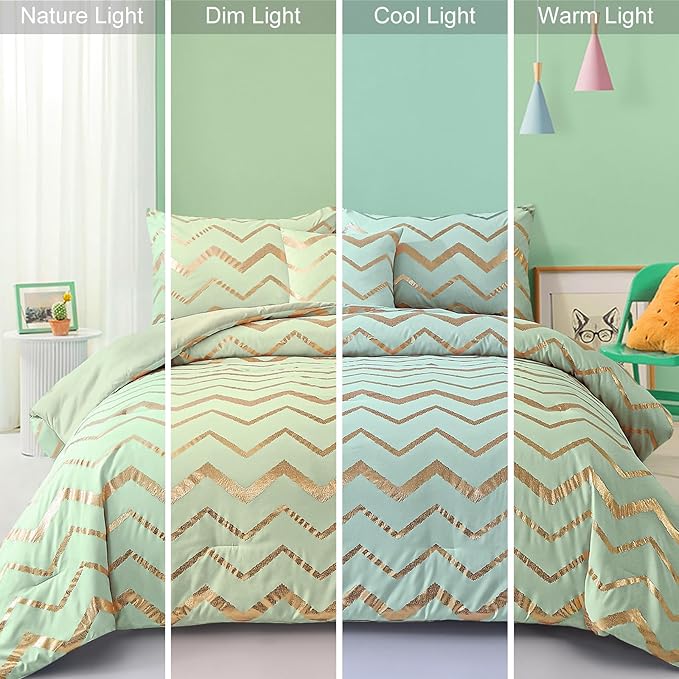 Sage Green/Gold Comforter Set Queen, Metallic Print Glitter Bedding Set Cute Shinny Bed Sets for Teen Girls Kids Women, 4 Piece (2 Pillowcases, 1 Decorative Pillow Sham)