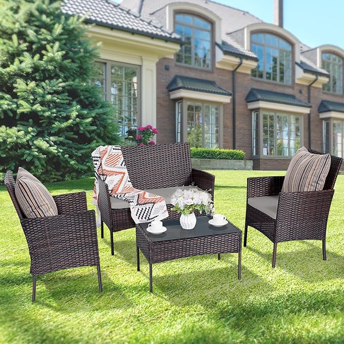 Patio Furniture Set,4 Piece Garden Conversation Set, Outdoor Wicker Rattan Table and Chairs, Black Patio Set, Sectional Sofa with Thick Cushion for Garden, Yard, or Porch (Brown/Grey)…