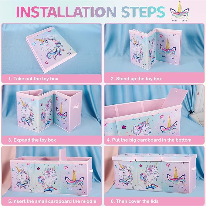 WERNNSAI Unicorn Toy Box Chest – Large Toy Chest Organizer with Flip-Top Lid Collapsible Sturdy Storage Bin with Handles 38 x 13 x 16 Inch for Kids Girls Pink Closet Nursery Living Room Bedroom