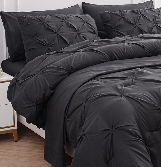 LANE LINEN California King Comforter Set, 7 Piece Cal King Bed in a Bag, Pintuck Cal King Bedding Set, Soft Cali King Bed Set, Cal King Bedding Comforter Sets with Sheets, Pillowcases & Shams - Grey