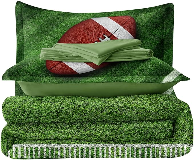 Football Comforter Set Full Size for Teen Boys, Kids Football Field Bedding Green Themed Bedroom Set with Sheets, Full Bed in a Bag Set