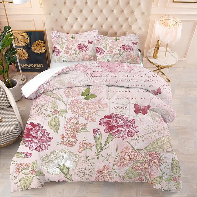 kxry Pink Flower Comforter Sets Butterfly Bedding Sets Queen Size Comforter Set for Girls Women Kids 1 Comforter + 2 Pillow Case