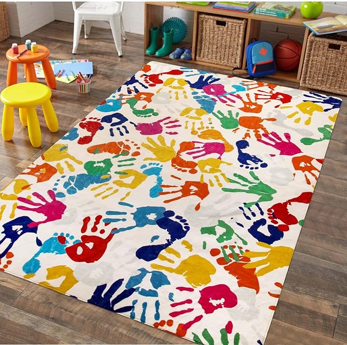Large Colorful Kids Rug 6x9 Ft, Non-Slip Washable Rug for Classroom, Handprints and Footprints Rugs for Playroom, Soft Nursery Rug Indoor Play Mat for Kids Room Daycare School