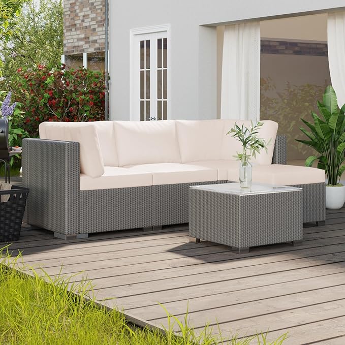 GAOMON 5-Piece Outdoor Patio Rattan Wicker Sofa Set, Pe Rattan Conversation Sectional with Thickened Back Cushion, Glass Tabletop, Ottoman - Ideal for Courtyard Space, Beige