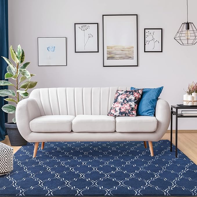 Chicrug Shag Geometric Modern Area Rug for Living Room, 7x10 Feet Large Memory Foam Indoor Carpet, Fluffy Rug for Bedroom Bedside Room Decor for Family Girls Kids Nursery, Navy/White