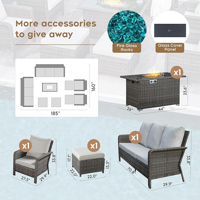 Yechen Patio Conversation Set 12 Seats with 44" Propane Gas Fire Pit Table - 9 Pcs Outdoor Wicker Furniture Set with Lid & Wind Shields - Sectional Sofa Set for Porch,Backyard