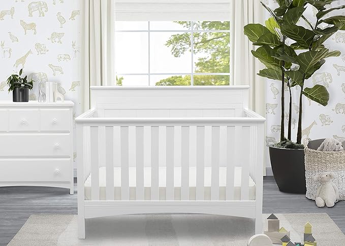 Delta Children Fancy 4-in-1 Crib, Bianca + Serta Perfect Slumber Dual Sided Recycled Fiber Core Crib and Toddler Mattress (Bundle)